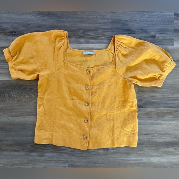 Everlane Linen Button Puff Sleeve Square Neckline Top in Sunny Orange - Picture 5 of 10